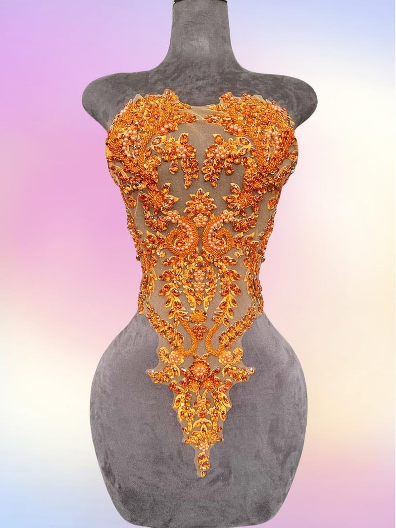 ArtistryXB Handmade Rhinestones Lace Bodice Applique Sew on Beads Sequins Trimming Patches for Dress Clothing Accessories 1Pcs/Bag (Orange) - Image 4